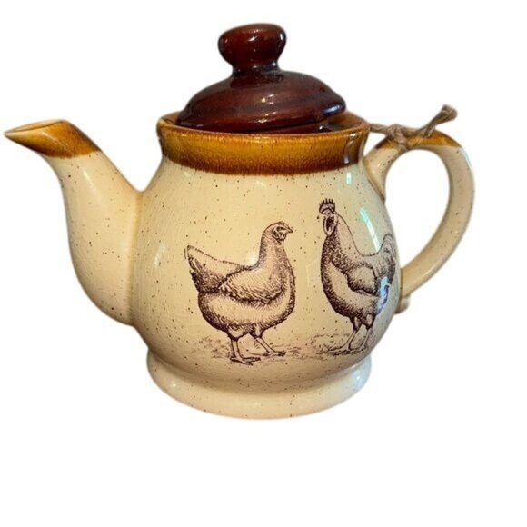 Vintage Enesco Country Road Teapot With Lid Speckled Cream & Brown Chicken Motif - Picture 1 of 7